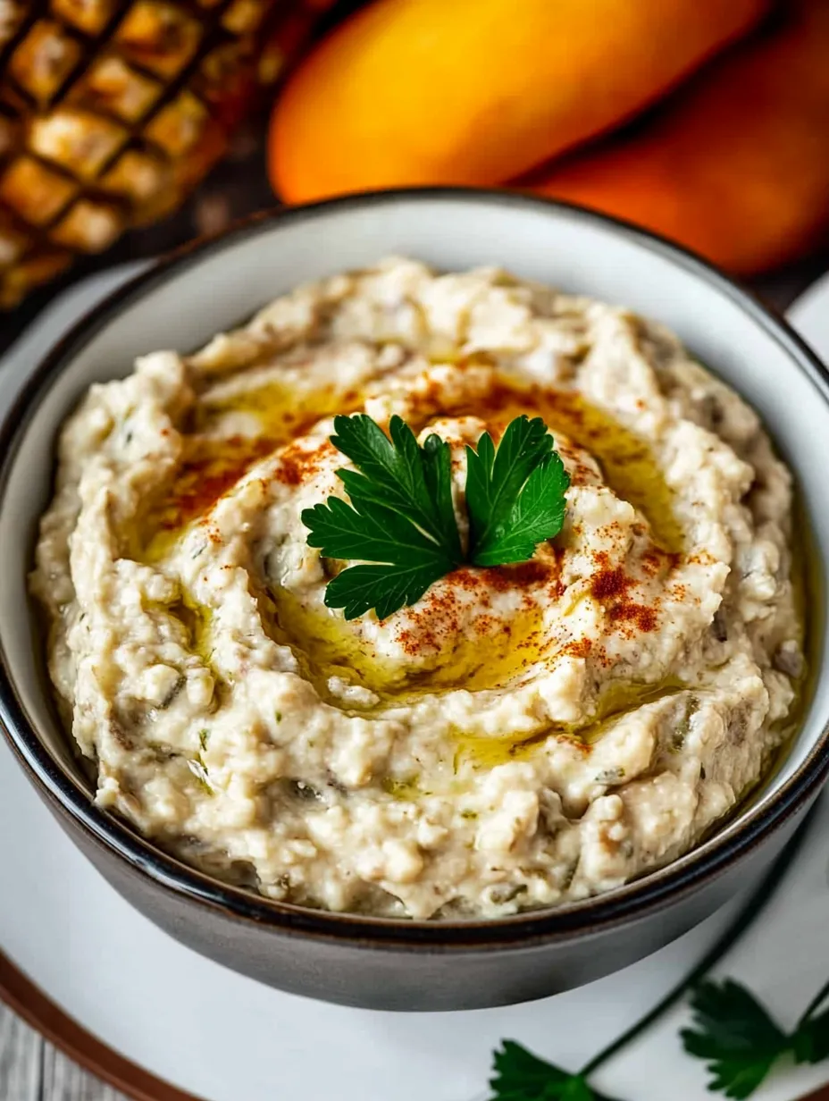 Un bol de Baba Ganoush avec une herbe verte sur le dessus.