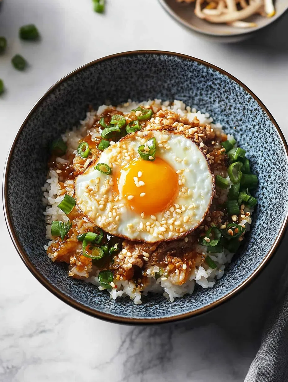 Un bol de riz avec un œuf sur le dessus.