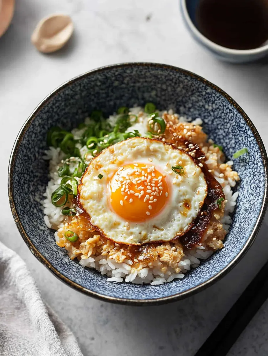 Un bol de riz avec un œuf sur le dessus.