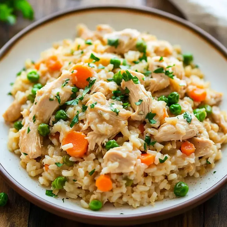 Un bol de riz avec du poulet et des petits pois.