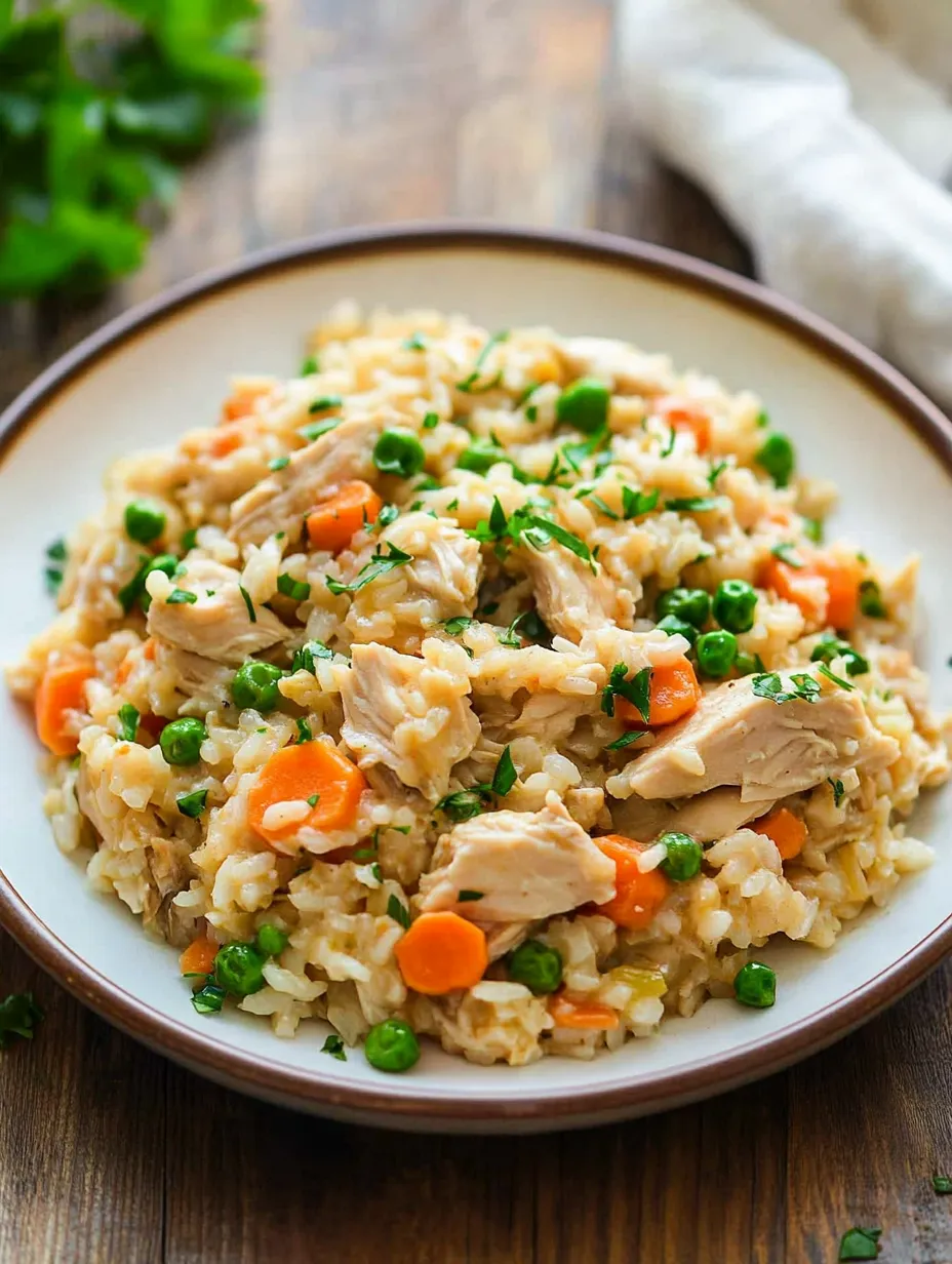 Un bol de riz avec poulet et petits pois.