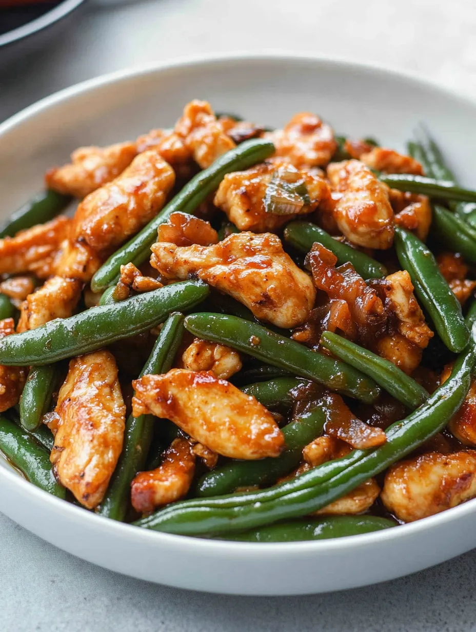 Une assiette de poulet avec des haricots verts.