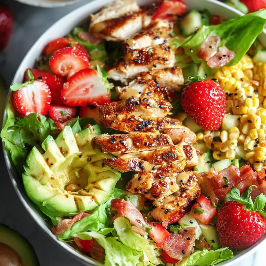 Un bol de salade de poulet avec fraises, maïs et laitue.