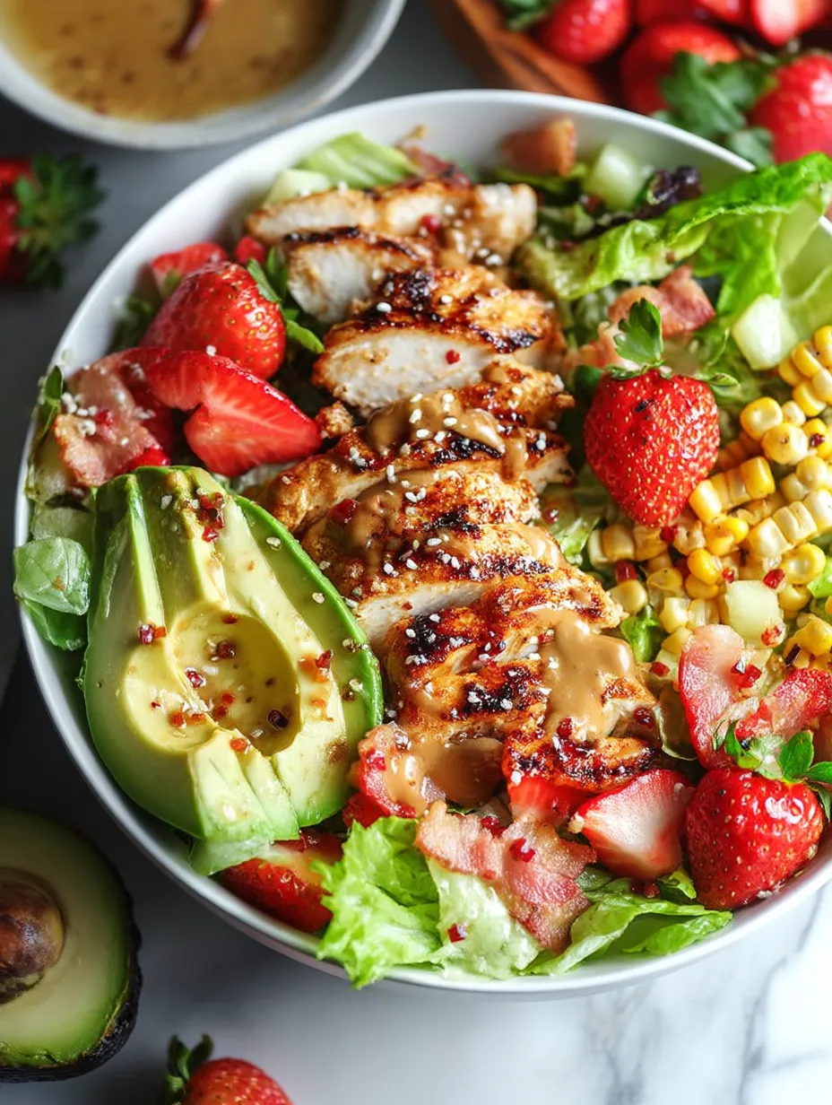 Un bol de salade de poulet avec fraises et avocat.