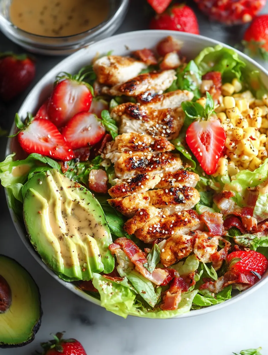 Un bol de salade de poulet avec laitue, fraises et maïs.