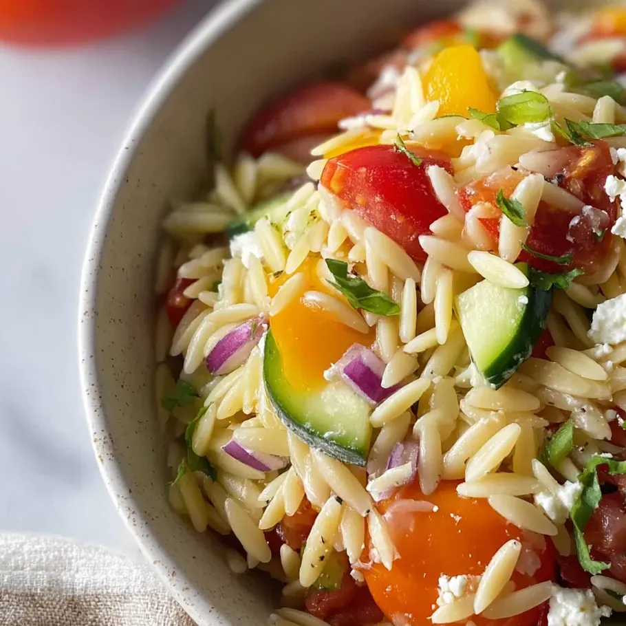 Un bol de salade de pâtes avec tomates, concombres et fromage.