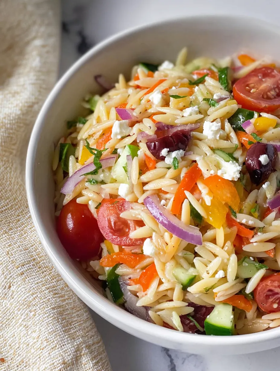 Un bol de Salade d'Orzo Arc-en-ciel.
