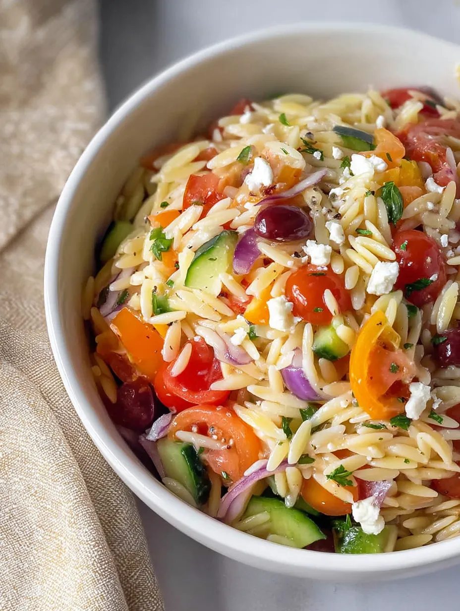 Un bol de Salade d'Orzo Arc-en-ciel.