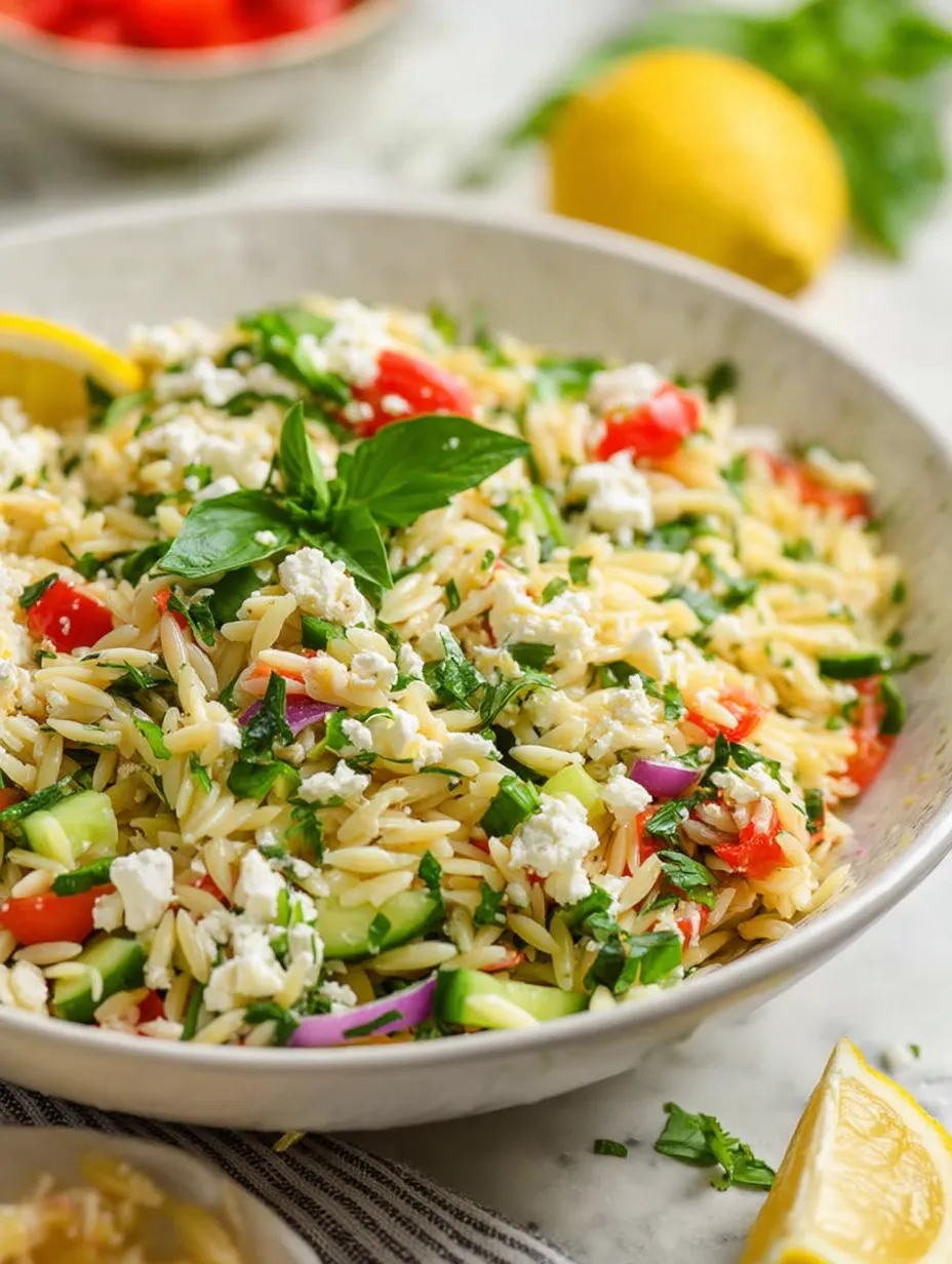 Un bol de salade de pâtes avec fromage feta et citron.