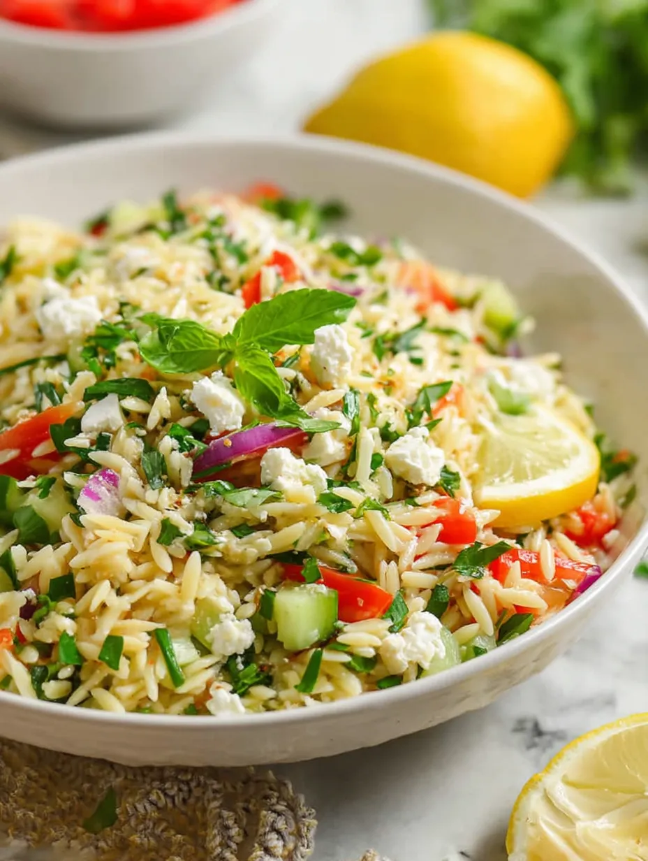 Un bol de salade d'orzo avec fromage feta et citron.