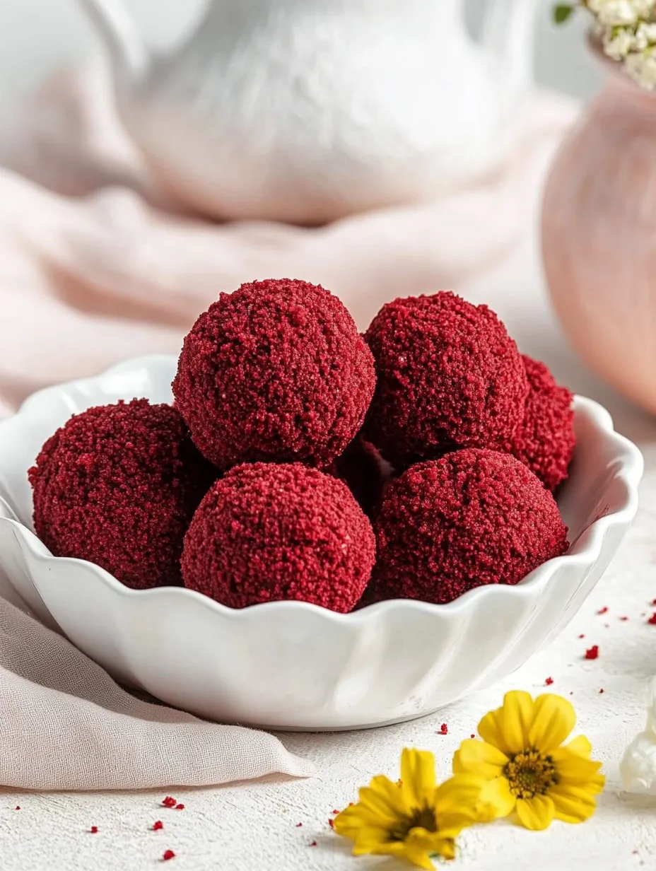 Un bol de bouchées de cheesecake au velours rouge.