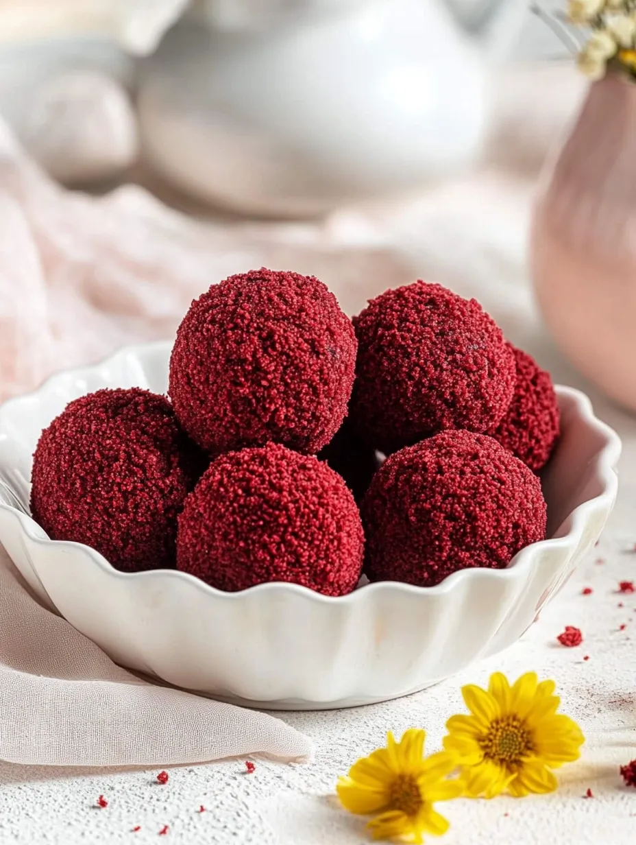 Un bol de bouchées de cheesecake au velours rouge.