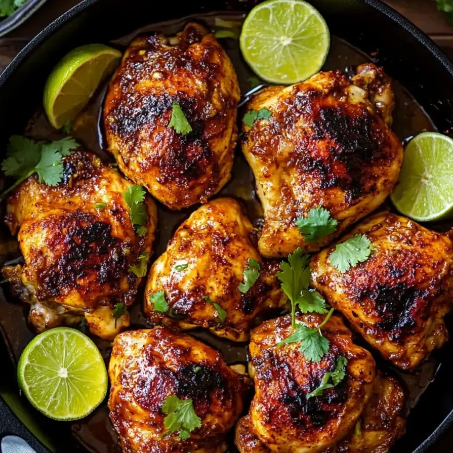 Une poêle de cuisses de poulet au citron vert et piment.