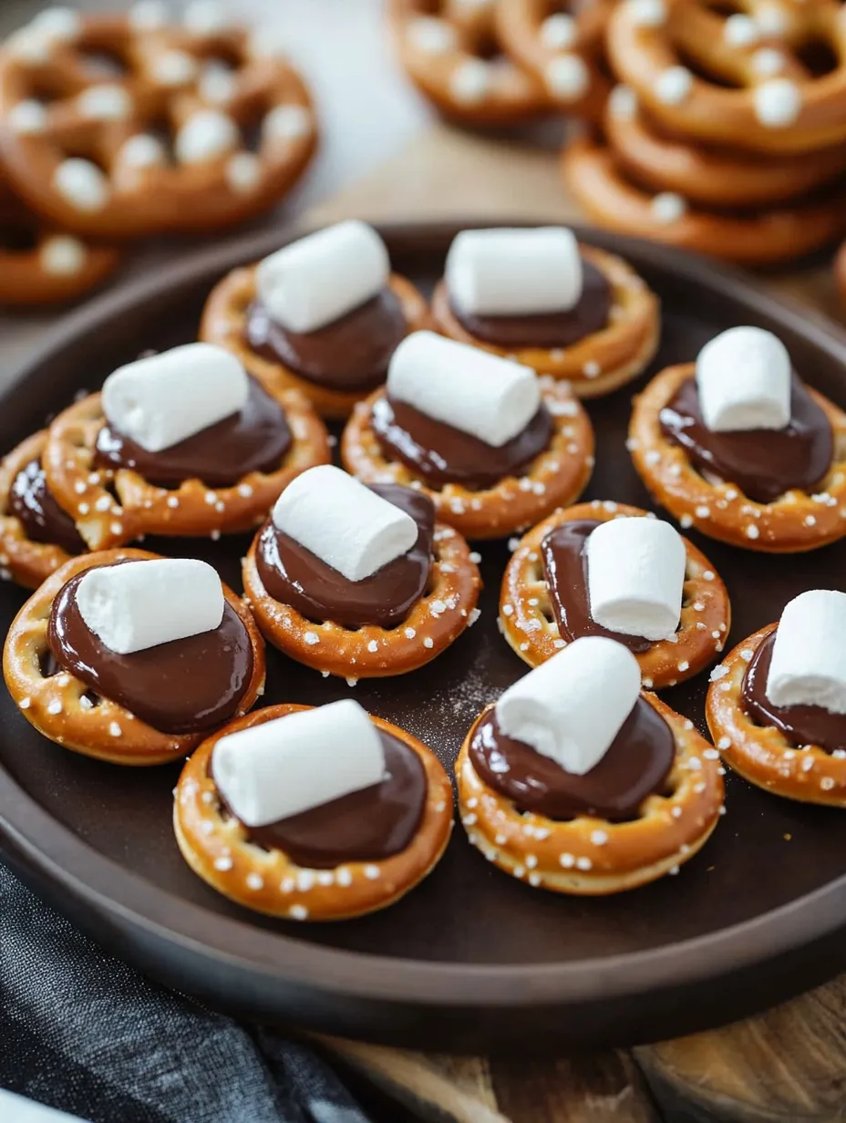 Une assiette de bouchées s'mores aux bretzels.