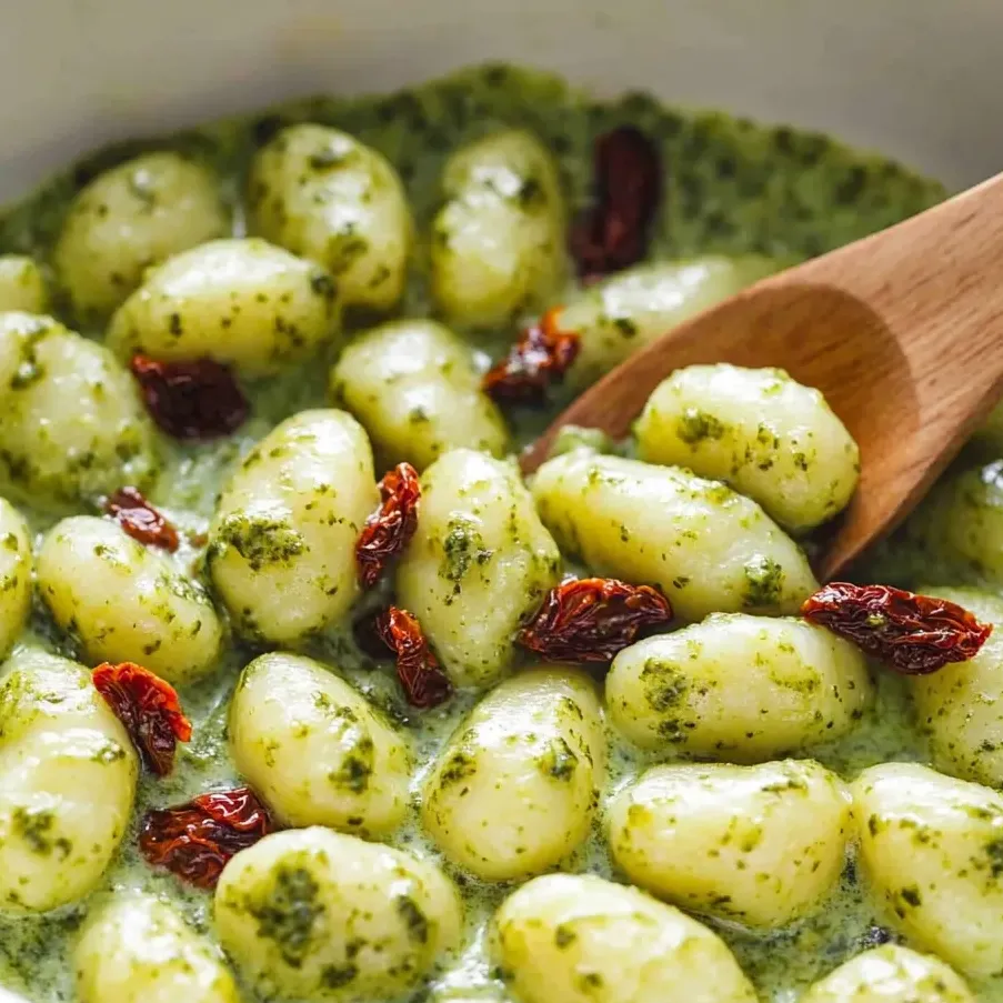 Un bol de gnocchi au pesto crémeux.