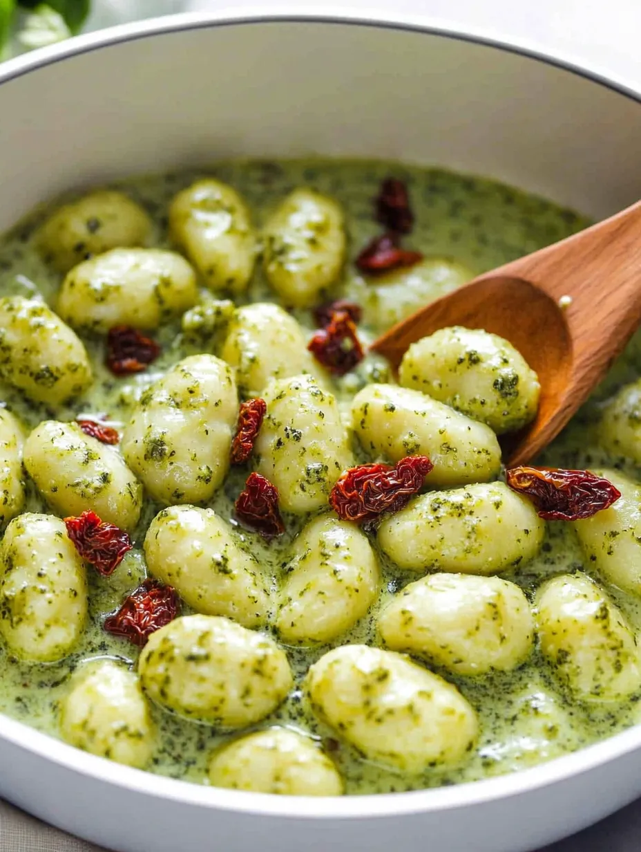 Un bol de gnocchis au pesto crémeux.