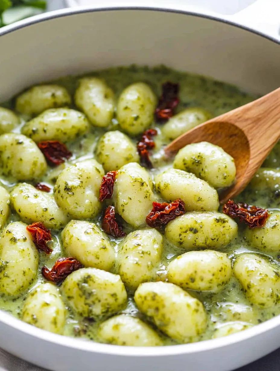 Un bol de gnocchis au pesto crémeux.