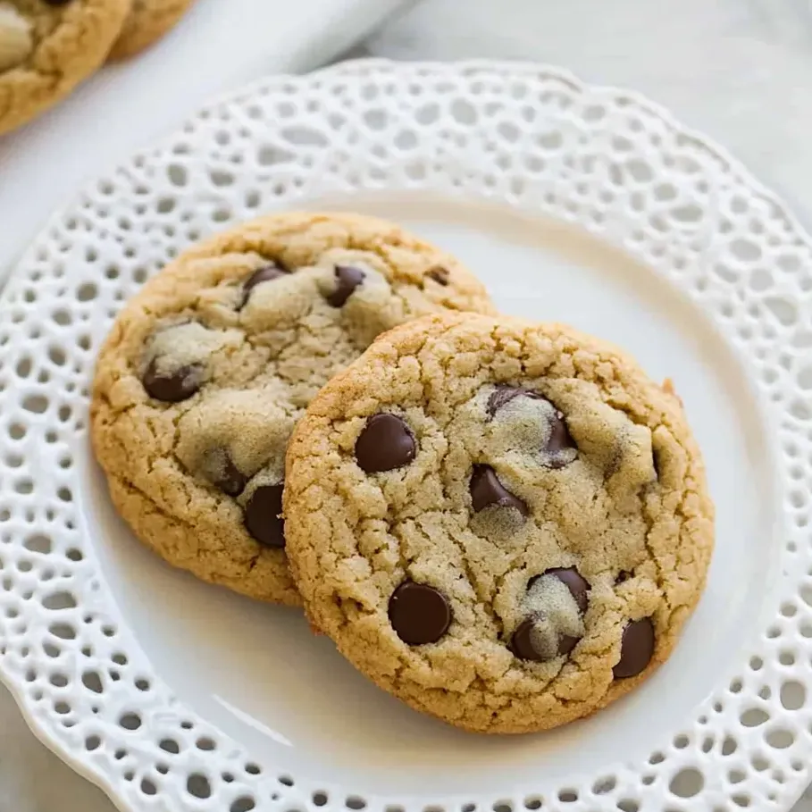 Deux biscuits à la farine d'amande aux pépites de chocolat sur une assiette blanche.