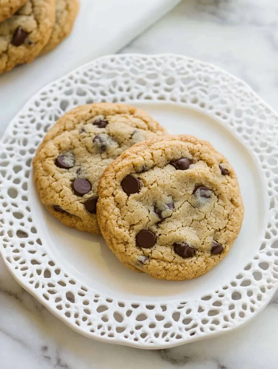 Deux cookies à la farine d'amande aux pépites de chocolat sur une assiette blanche.