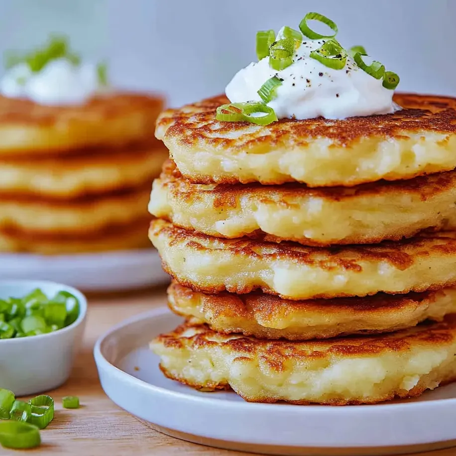 Une pile de galettes de purée avec une sauce blanche par-dessus.
