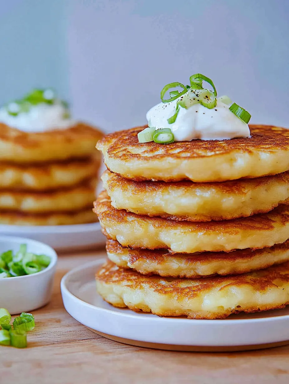 Stack of mashed potato pancakes with white sauce.