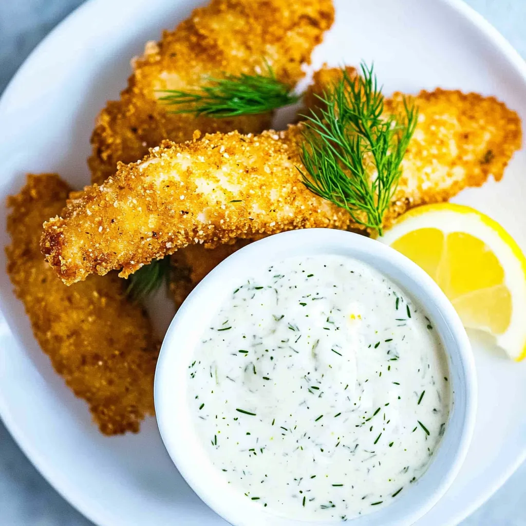 Une assiette blanche avec un bol de sauce tartare et du poisson pané.