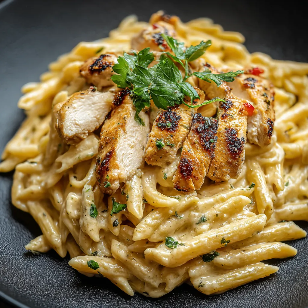 Une assiette de poulet et pâtes avec une garniture verte.