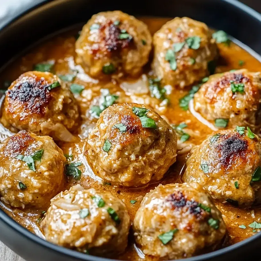 Un bol de boulettes dans une sauce brune.