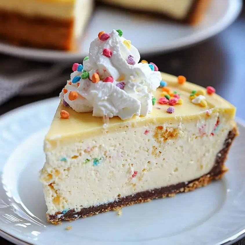 Une part de délice cheesecake à la pâte à gâteau avec une touche de crème fouettée sur le dessus.