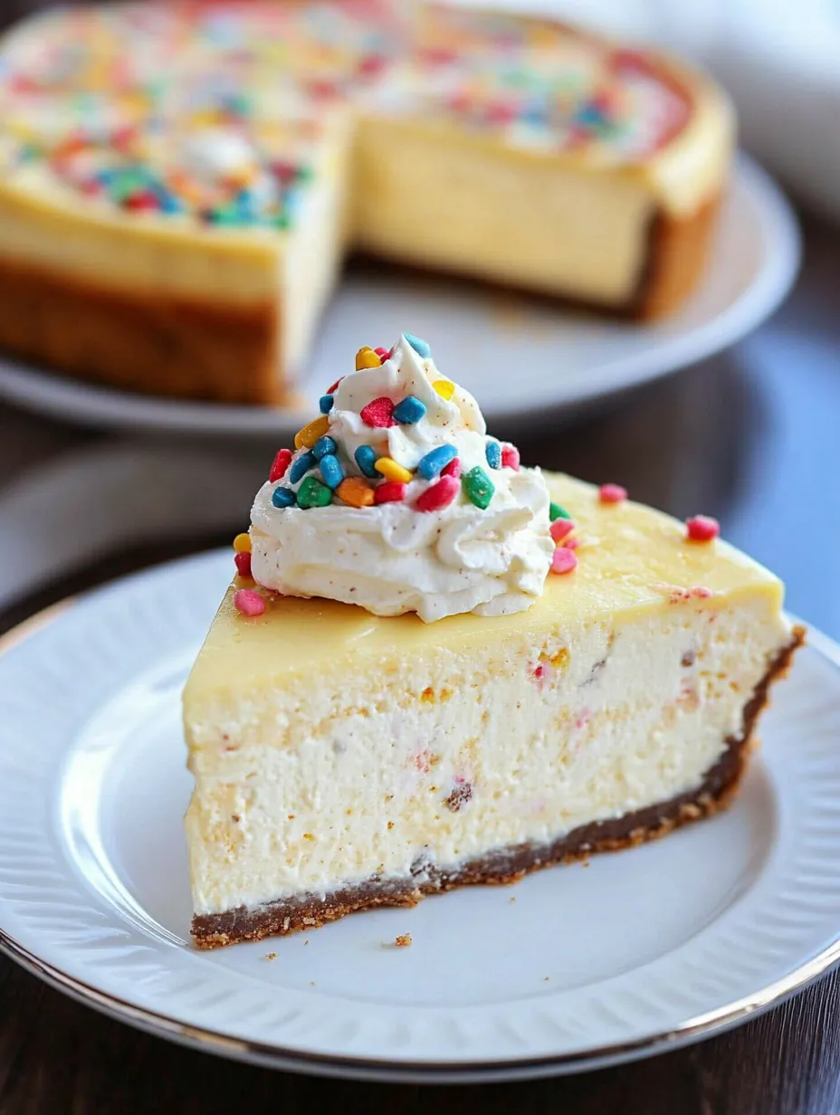 Une part de cheesecake façon pâte à gâteau avec une touche de crème fouettée sur le dessus.