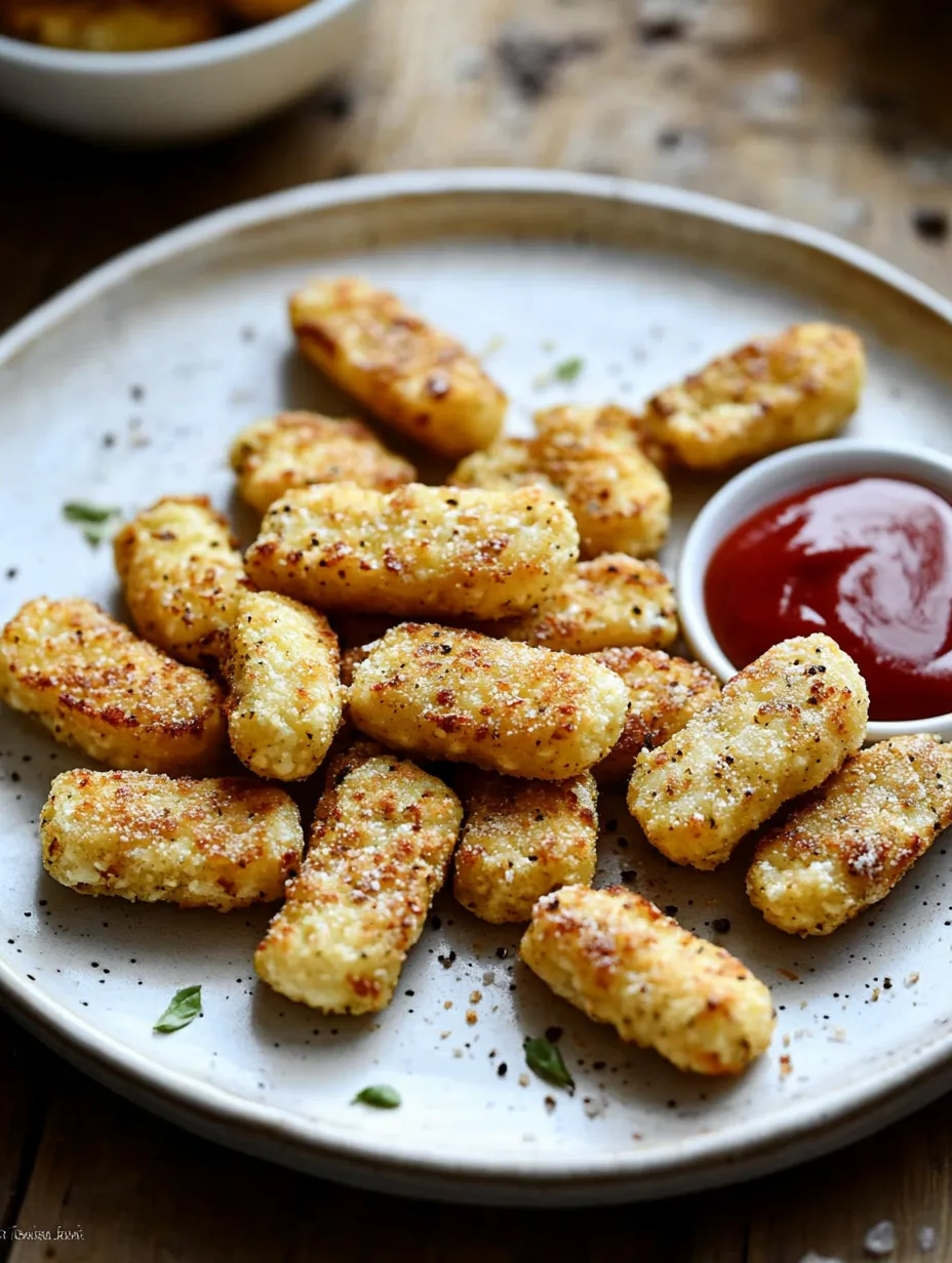 Une assiette de croquettes de chou-fleur au four avec du ketchup.