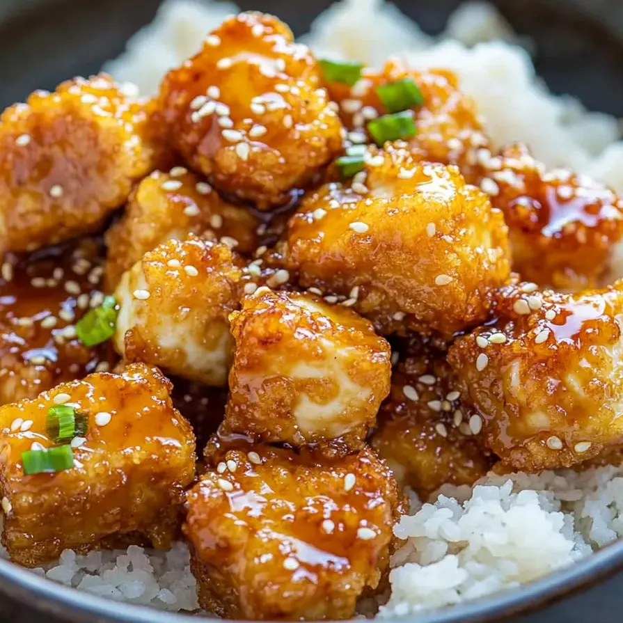 Un bol de tofu croustillant au miel et à l'ail.
