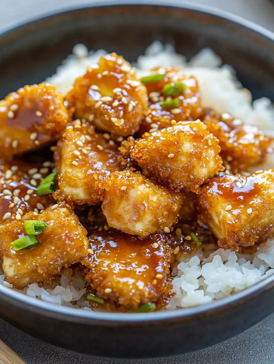 Un bol de tofu croustillant au miel et à l'ail.