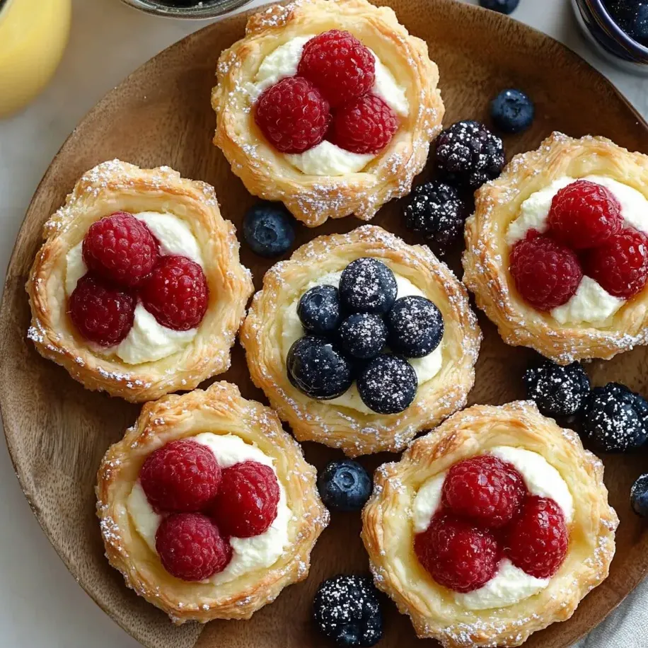 Une assiette de viennoiseries aux fruits et fromage.