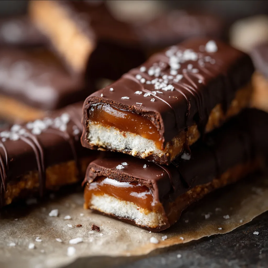 Un gros plan d'une barre chocolatée avec un fourrage crémeux blanc.