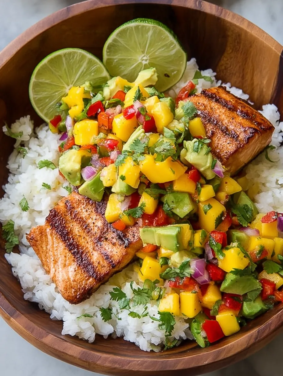 Un bol contenant du saumon grillé, de la salsa à la mangue et du riz.