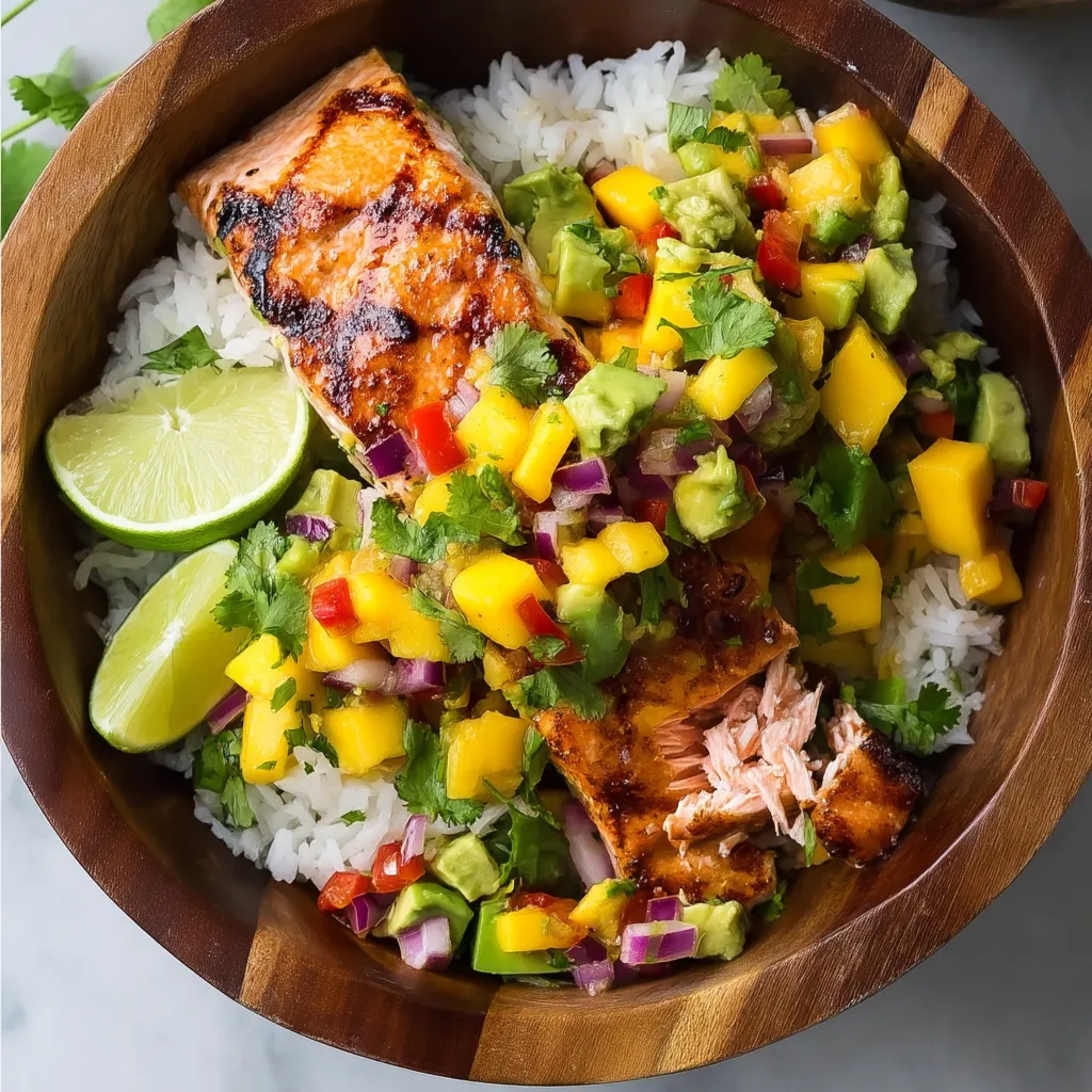 Un bol de saumon grillé avec salsa à la mangue.