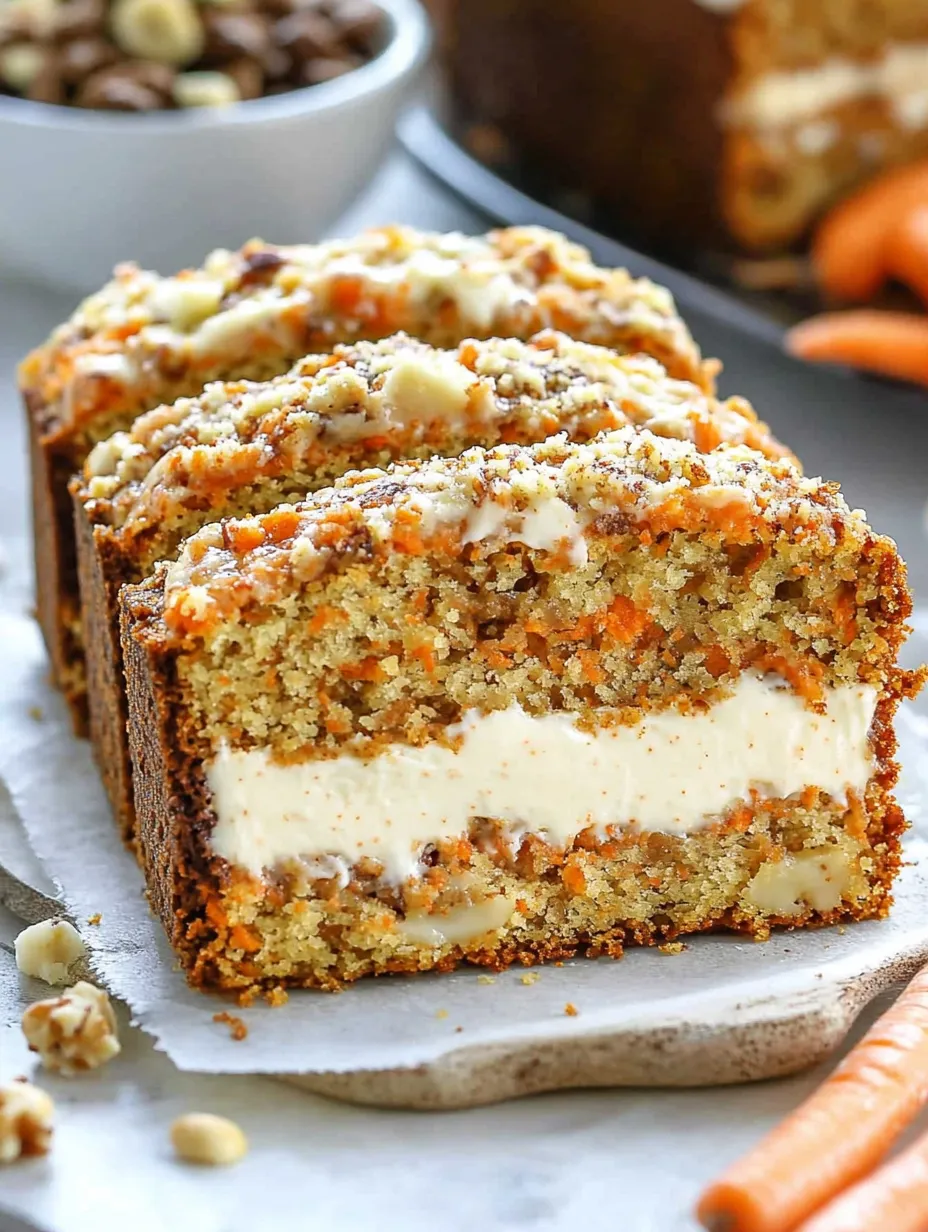 Une tranche de pain aux carottes avec garniture crémeuse.