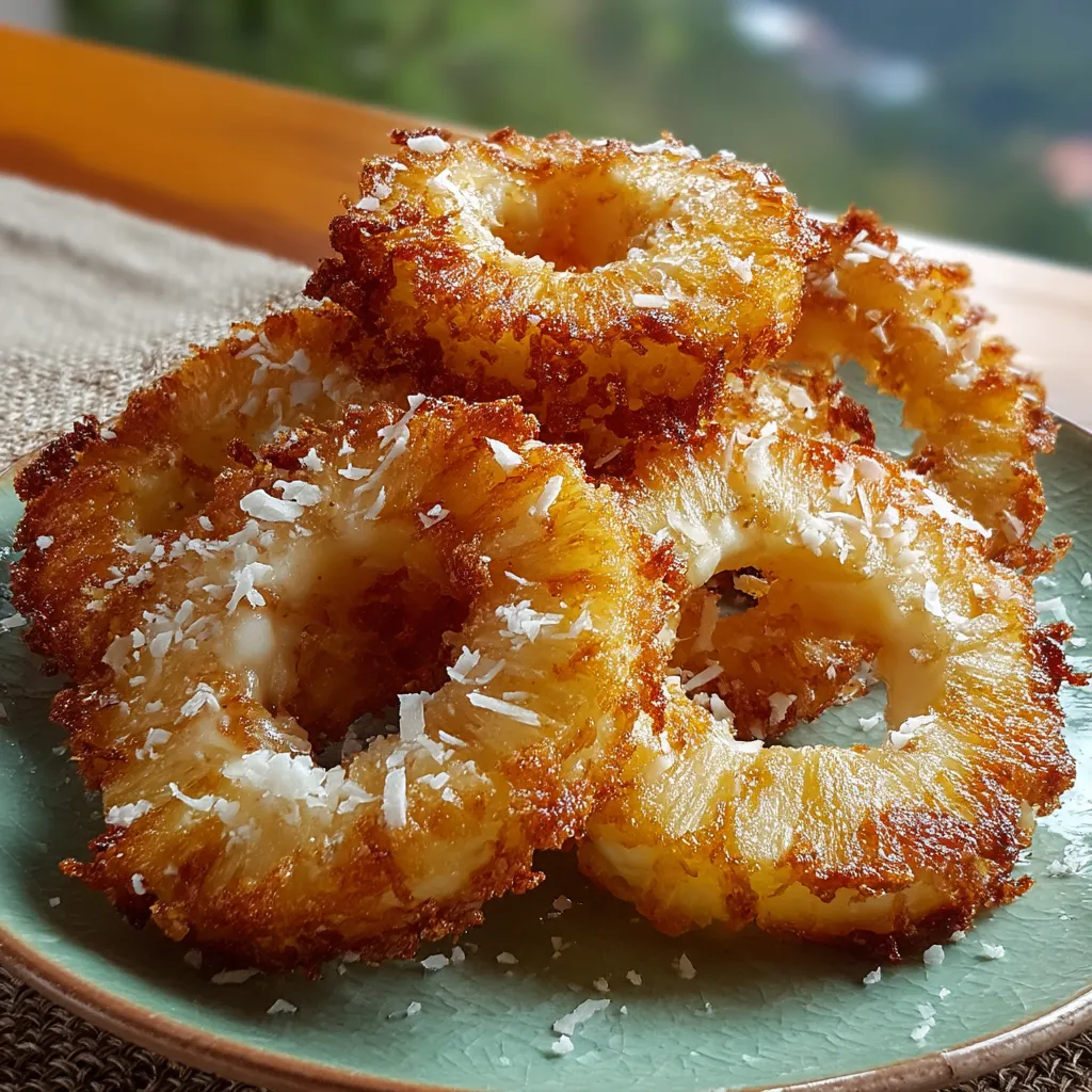 Fried Piña Colada Rings on a plate.