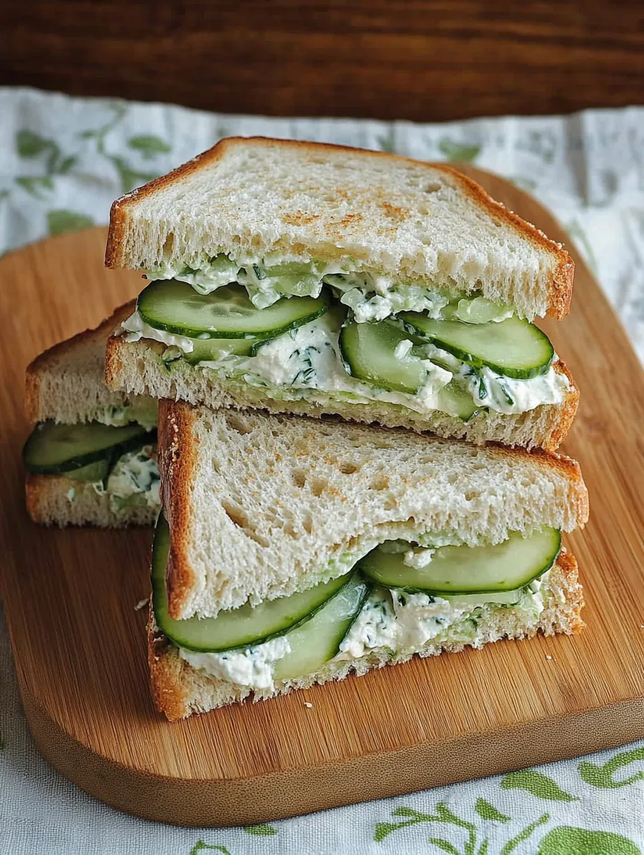 Un sandwich au concombre sur une planche à découper en bois.