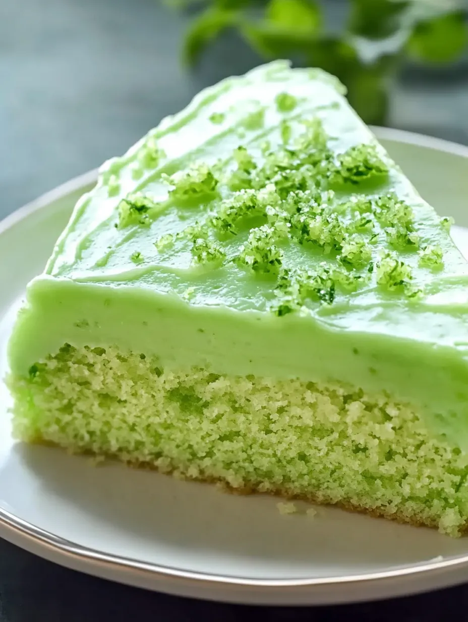 Une part de gâteau vert avec glaçage au citron vert.