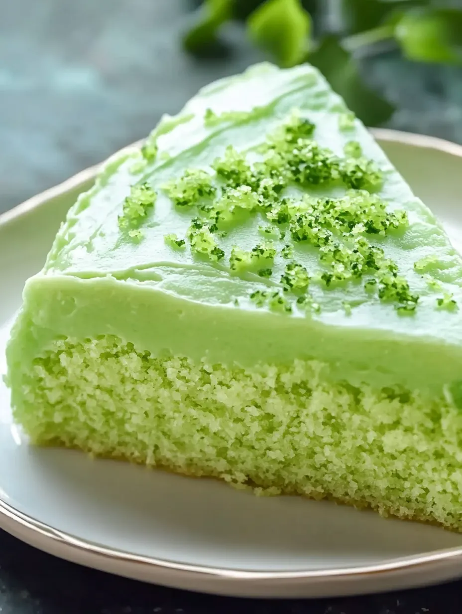 Une part de gâteau vert avec glaçage au citron vert.