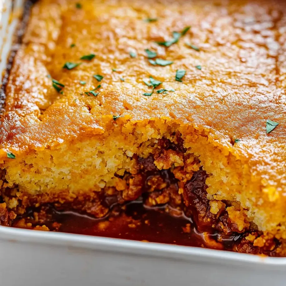 Un plat cuit avec une croûte de pain de maïs et une garniture de poulet BBQ.