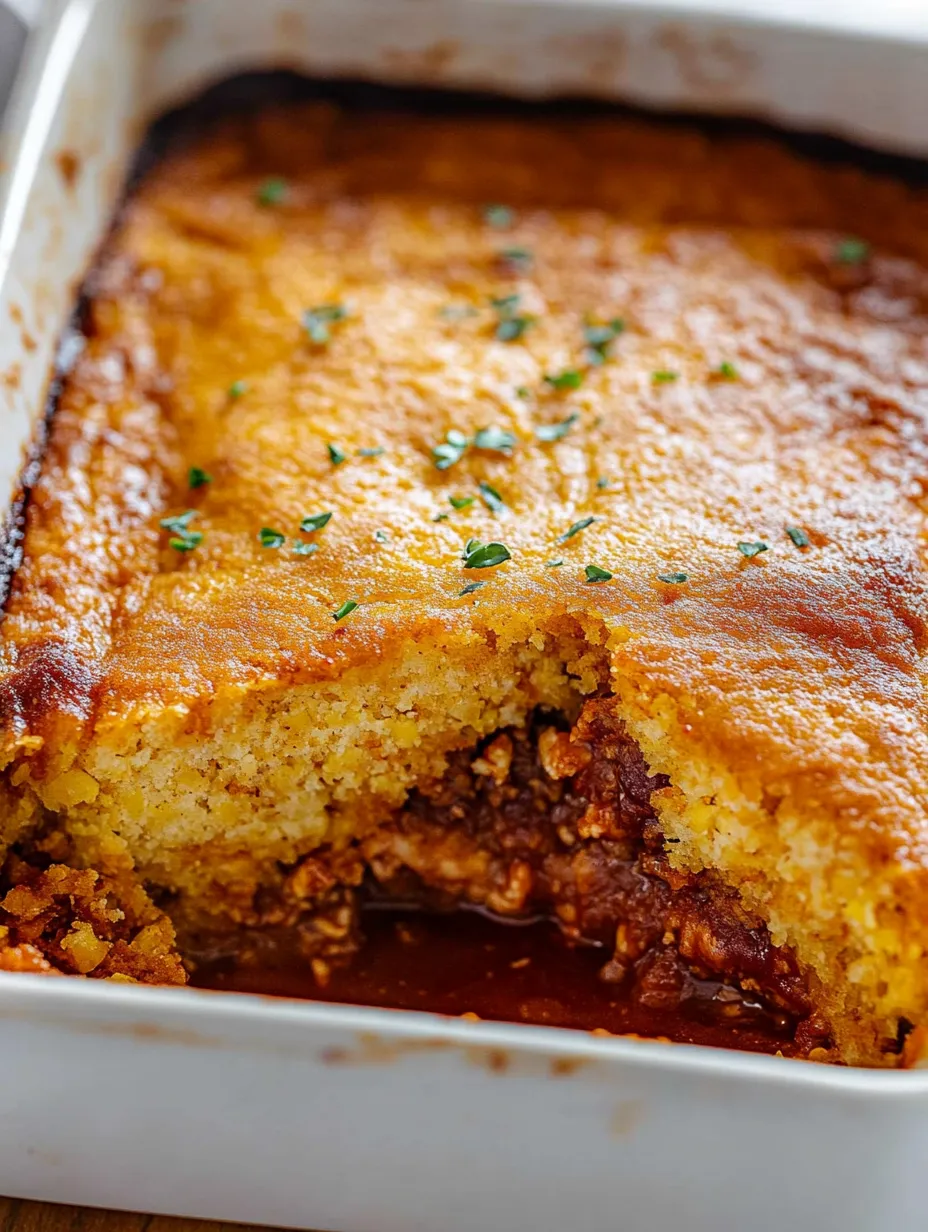 Un plat cuit avec une croûte de pain de maïs et une garniture de poulet BBQ.