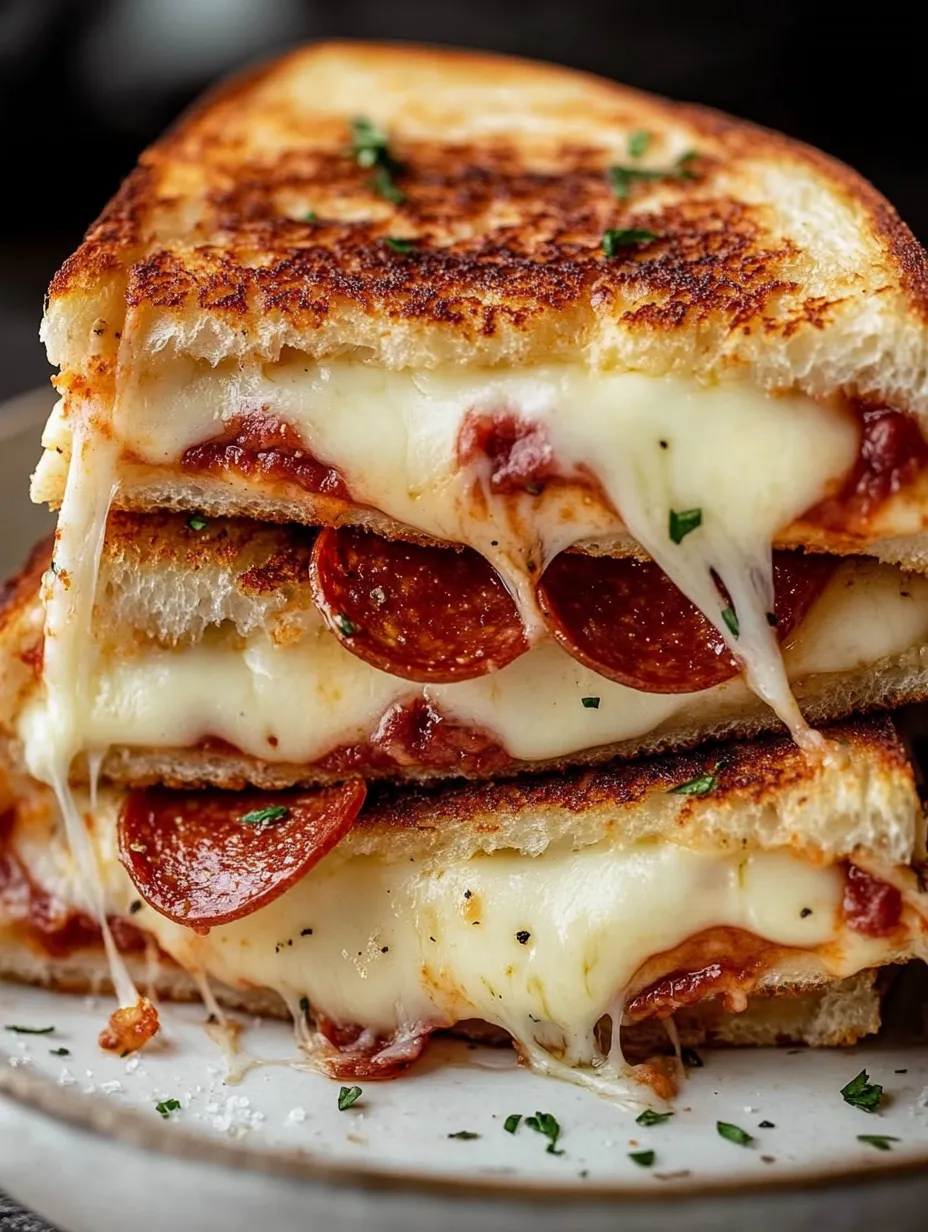 Une pile de sandwichs au fromage grillé avec du pepperoni.