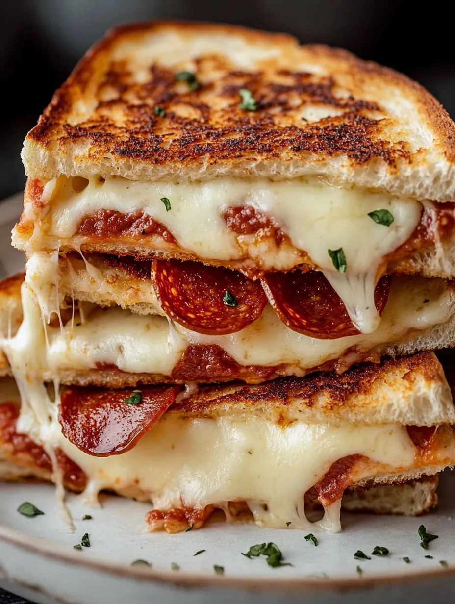 Une pile de sandwichs croque-monsieur au pepperoni façon pizza.