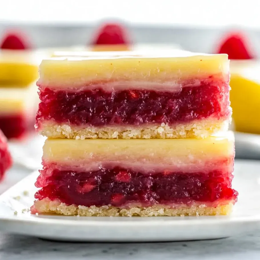 Une part de carrés acidulés citron-framboise.