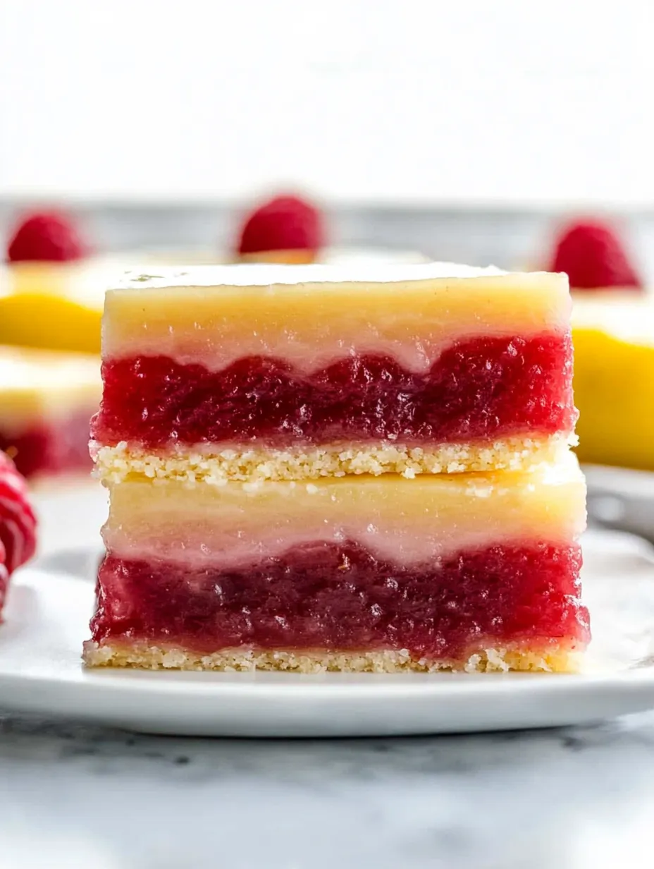 Une part de carrés acidulés citron-framboise.