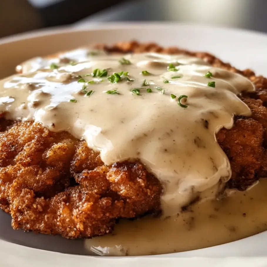 Une assiette de steak frit avec sauce.