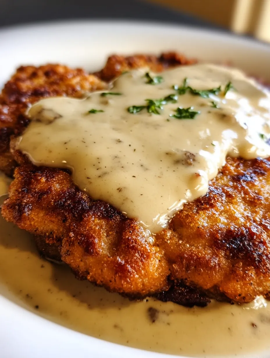 Une assiette de steak frit style poulet avec sauce.